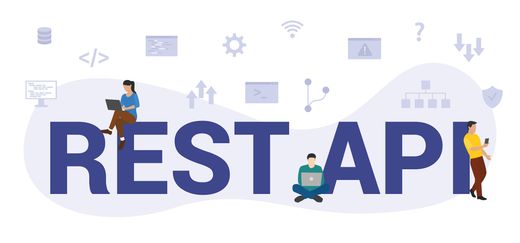 An image with REST API written in bold letters with three engineers and other technology related icons.